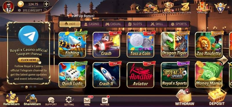 Royal X Casino main lobby with Fishing, Crash, Dragon Tiger, Zoo Roulette, Aviator and slot games grid — Royal X Casino screenshot 1