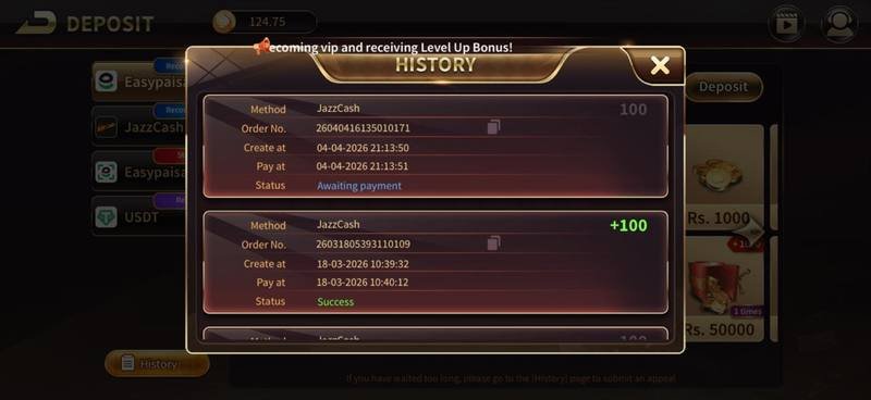 Royal X Casino Deposit history screen showing JazzCash and Easypaisa payment records — Royal X Casino screenshot 5