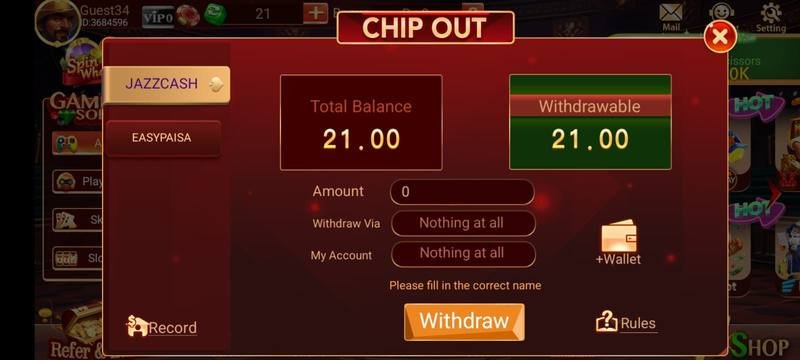 3 Patti Bingo Chip Out withdraw screen showing total balance and withdrawable amount via JazzCash and Easypaisa — 3 Patti Bingo screenshot 4