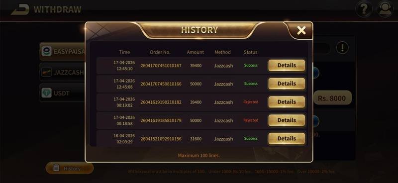 Withdraw history screen with JazzCash payouts up to PKR 50000 marked Success — Royal X Casino screenshot 6