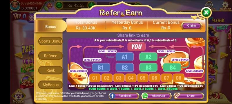 3Patti Loot Refer and Earn 3-level bonus structure with A B C subordinates and 30/9/3 percent tax bonuses — 3Patti Loot screenshot 4