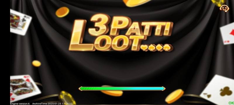 3Patti Loot loading splash screen with gold 3D logo, playing cards and falling coins — 3Patti Loot screenshot 1