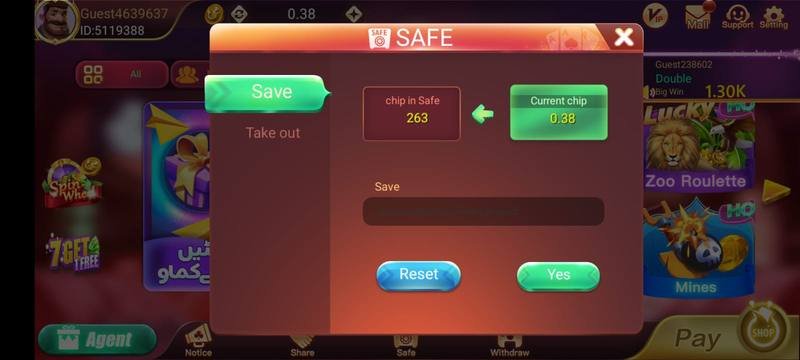 Dragon Tiger Club in-game Safe screen for storing chips securely with Save and Take out options — Dragon Tiger Club screenshot 5