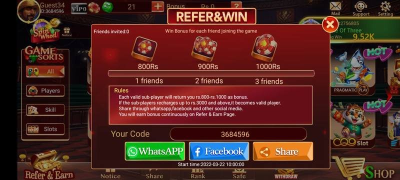 3 Patti Bingo Refer and Win screen showing 800Rs to 1000Rs bonus per friend milestones with referral code — 3 Patti Bingo screenshot 3