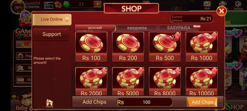 3 Patti Bingo Shop screen with Rs 100 to Rs 10000 recharge chips and bonus percentages via JazzCash and Easypaisa — 3 Patti Bingo screenshot 2