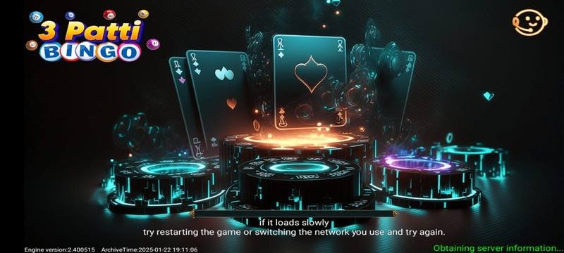 3 Patti Bingo splash loading screen with neon cards and glowing bingo chips on dark background — 3 Patti Bingo screenshot 1