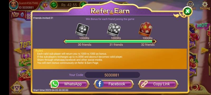 3Patti Loot Refer and Earn milestone screen with 1000Rs bonus per 30, 31 and 32 friends invited — 3Patti Loot screenshot 5
