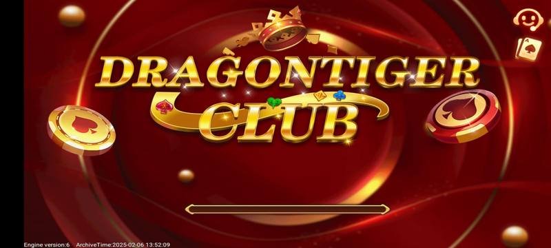Dragon Tiger Club splash loading screen with gold 3D logo, crown and casino chips on red background — Dragon Tiger Club screenshot 1